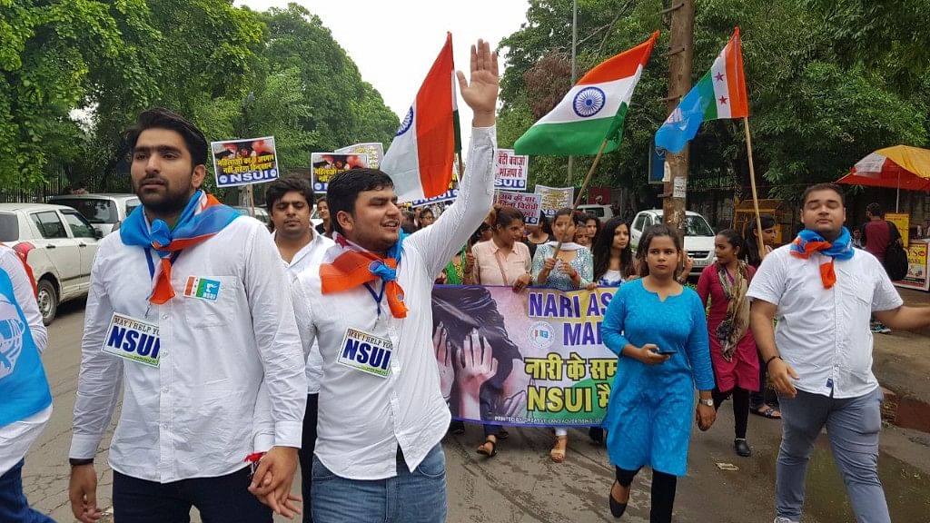 

NSUI’s presidential candidate Rocky Tuseed (centre) campaigning.