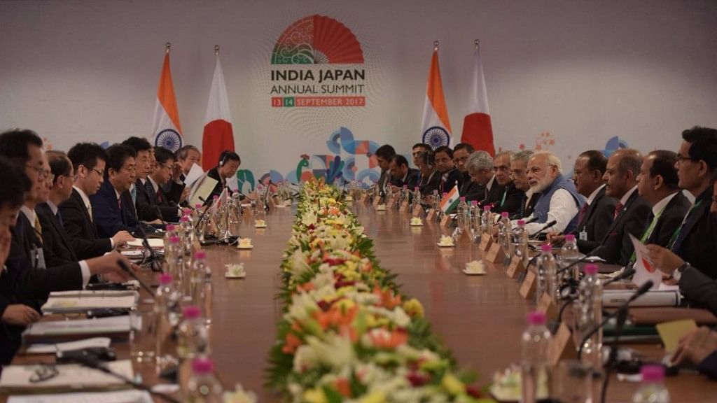 PM Narendra Modi and Japanese PM Shinzo Abe during delegation level talks at Mahatma Mandir in Gandhinagar.