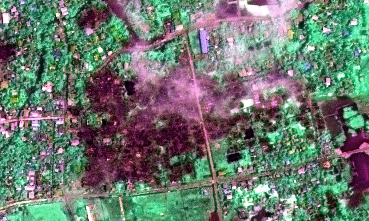 This satellite image dated 2 September 2017, shows the town of Maungdaw, Myanmar. According to Human Rights Watch, the image shows predominantly Rohingya homes that were recently destroyed.