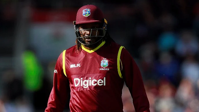 Chris Gayle walks back to the pavilion after getting out in the first ODI against England.