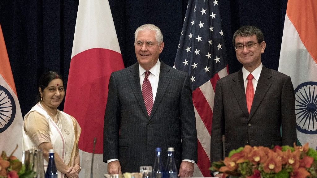 External Affairs Minister Sushma Swaraj with United States Secretary of State Rex Wayne Tillerson and Japanese Foreign Minister Fumio Kishida&nbsp;