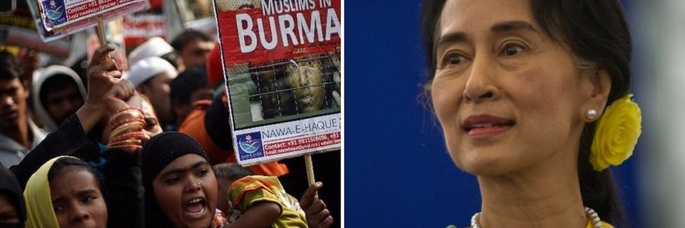 Rohingya Muslims protesting in Myanmar. (Right) Aung San Suu Kyi, State Counsellor of Myanmar.&nbsp;