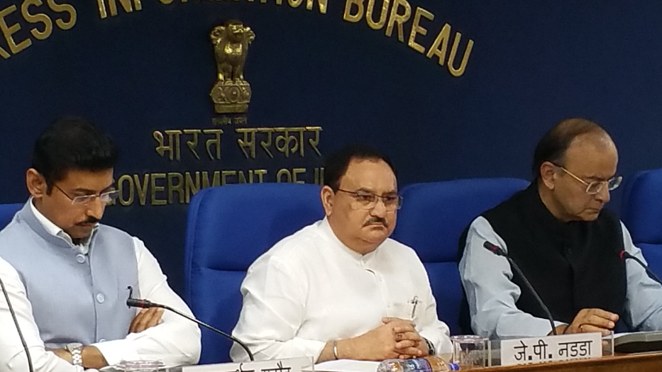 (From left to right) Sports minister Rajyavardhan Singh Rathore, Union Minister of Health and Family Welfare, JP Nadda and Union Minister of Finance Arun Jaitley.