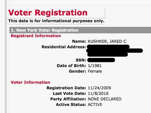 According to the records held by the New York State Board of Elections, Jared Corey Kushner is a woman.