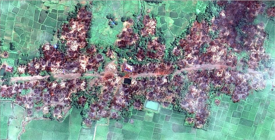 

A rights group released a satellite images of 450 buildings set ablaze in a border town inhabited by Rohingya.