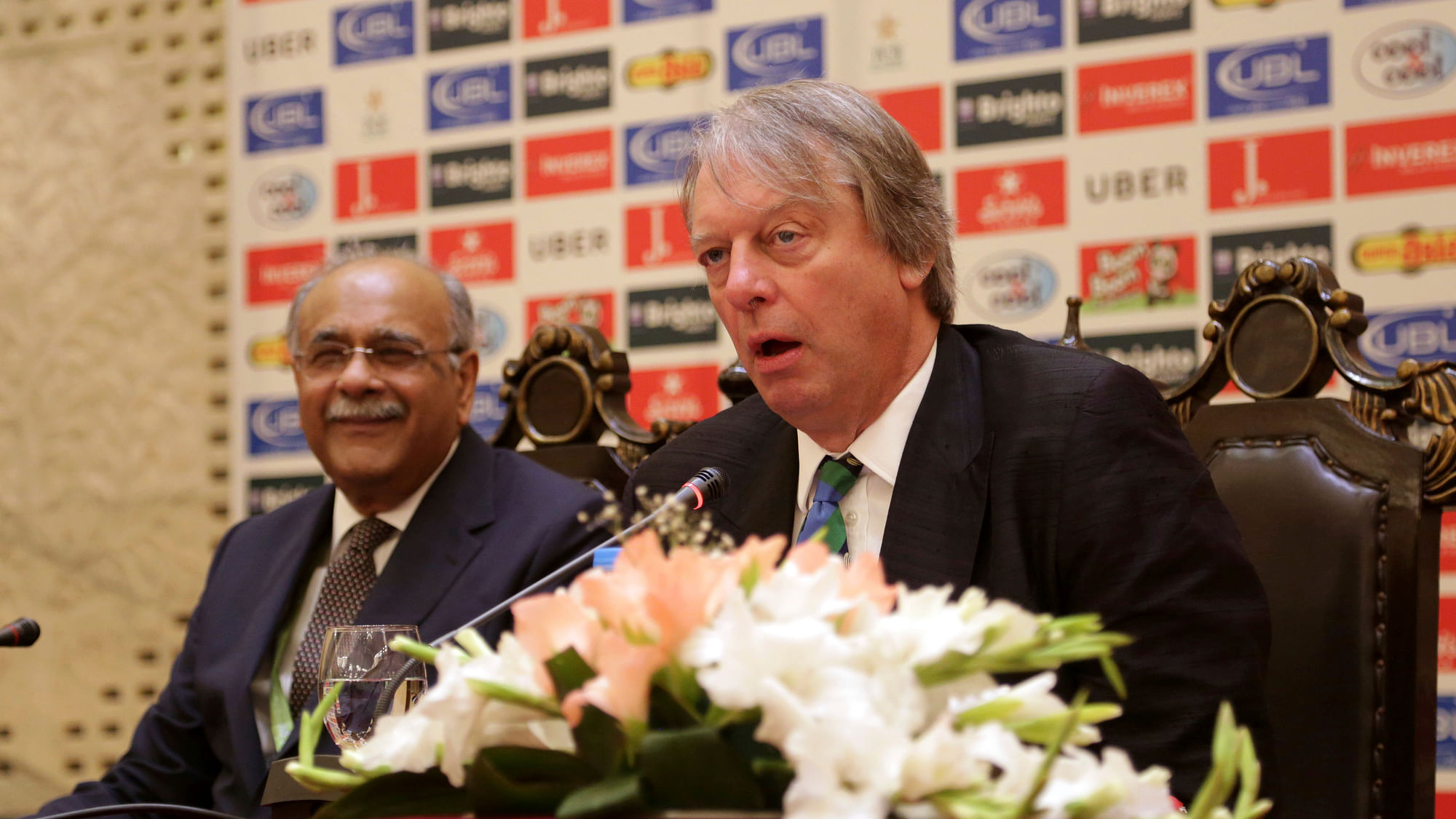 ICC director Giles Clarke, right, speaks at a press conference with Pakistan Cricket Board chairman Najam Sethi in Lahore