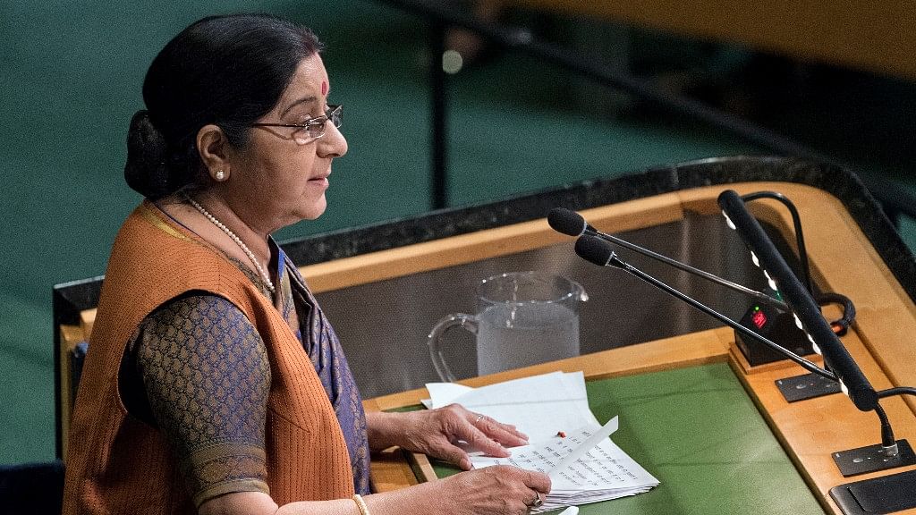 External Affairs Minister Sushma Swaraj addresses the United Nations General Assembly, Saturday, 23 September, at UN headquarters.