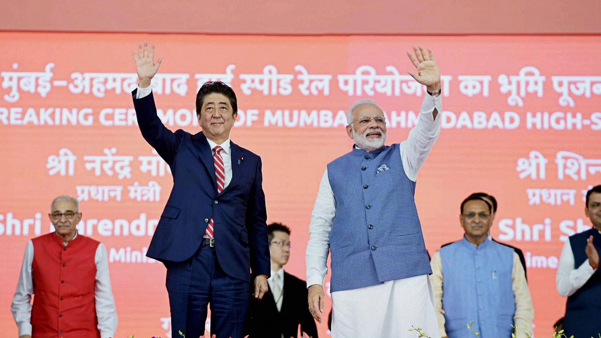 Japanese PM Shinzo Abe and Modi at the launch of the high-speed railway project.