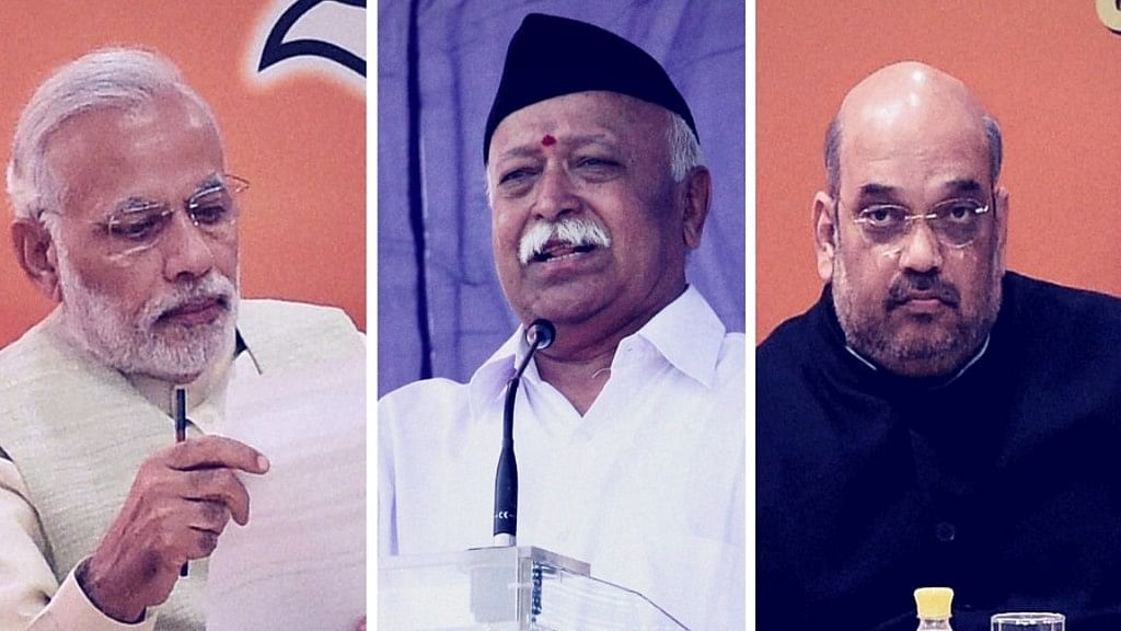Prime Minister Narendra Modi (L), RSS chief Mohan Bhagwat (Center) and BJP President Amit Shah.