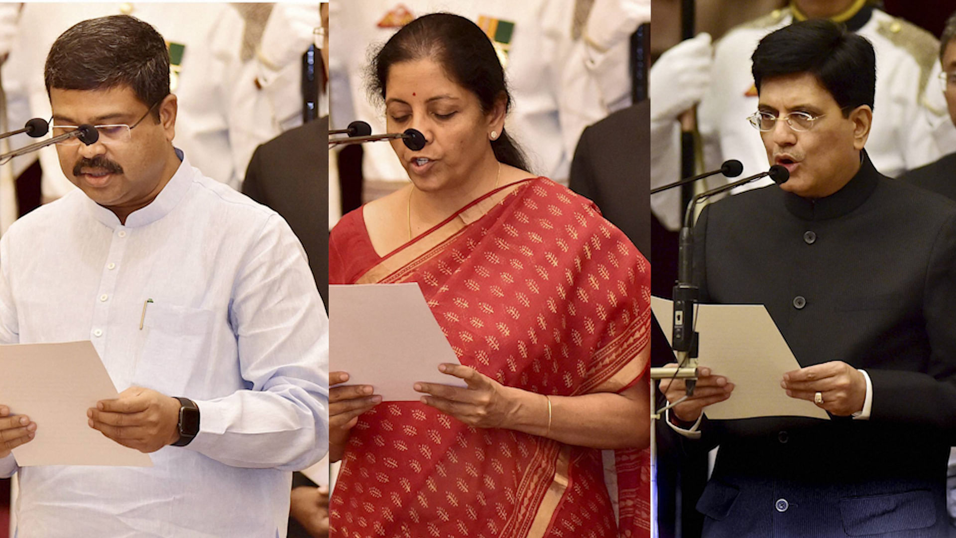 Union Ministers Dharmendra Pradhan (Left), Nirmala Sitharaman (Centre), and Piyush Goyal (Right) take oath.