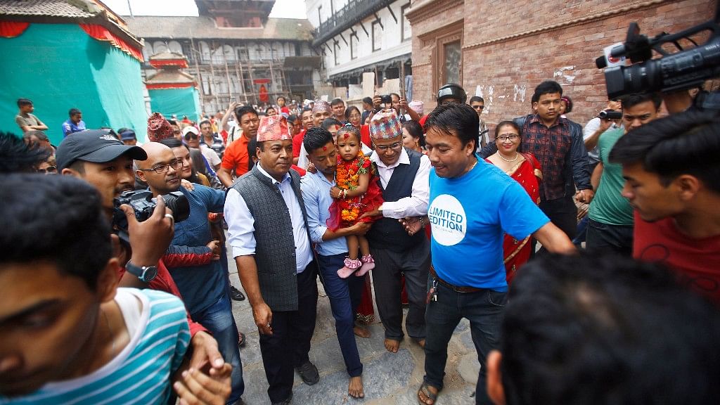 After Trishna Shakya’s arrival at the palace, her predecessor, 12-year-old Matina Shakya, left from a rear entrance.