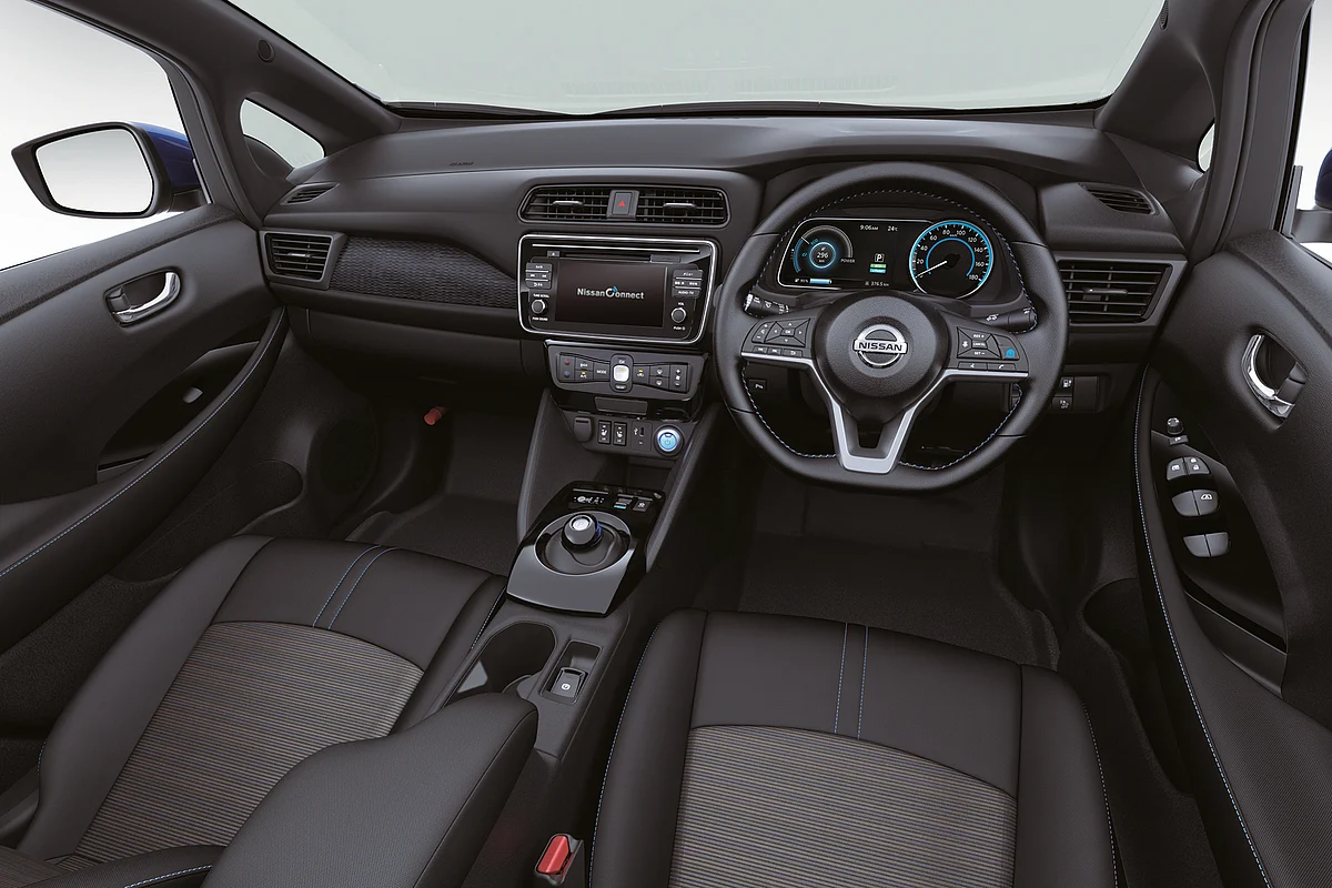 The Nissan Leaf has a fairly conventional interior with an LCD instrument panel. 