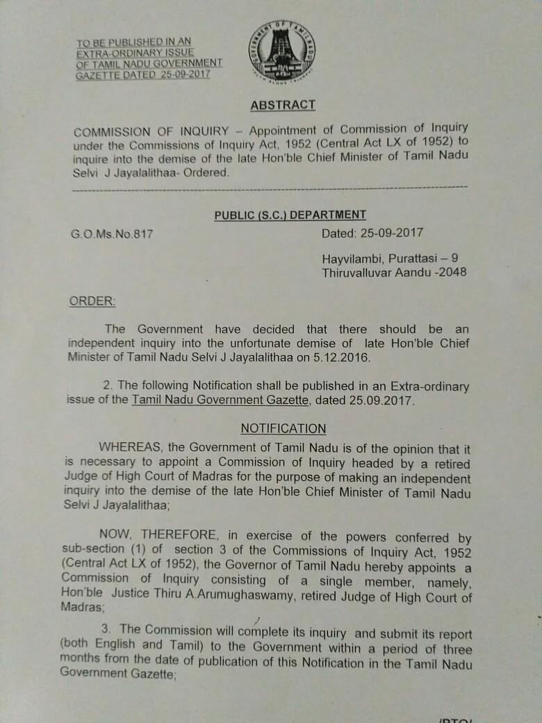 Jayalalithaa’s Death: Inquiry Panel to Submit Report in 3 Months