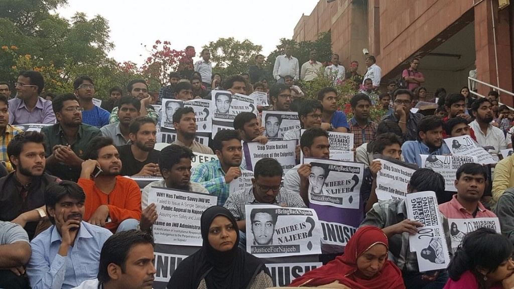 Students  gather outside the JNU’s administrative block in support of missing student Najeeb Ahmed.
