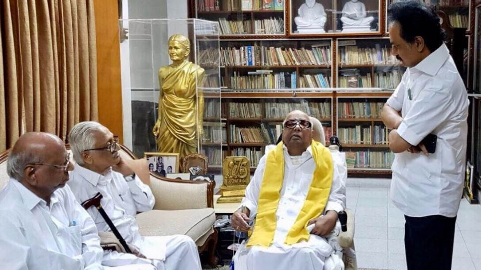 The DMK released a photo of M Karunanidhi, rubbishing rumours.