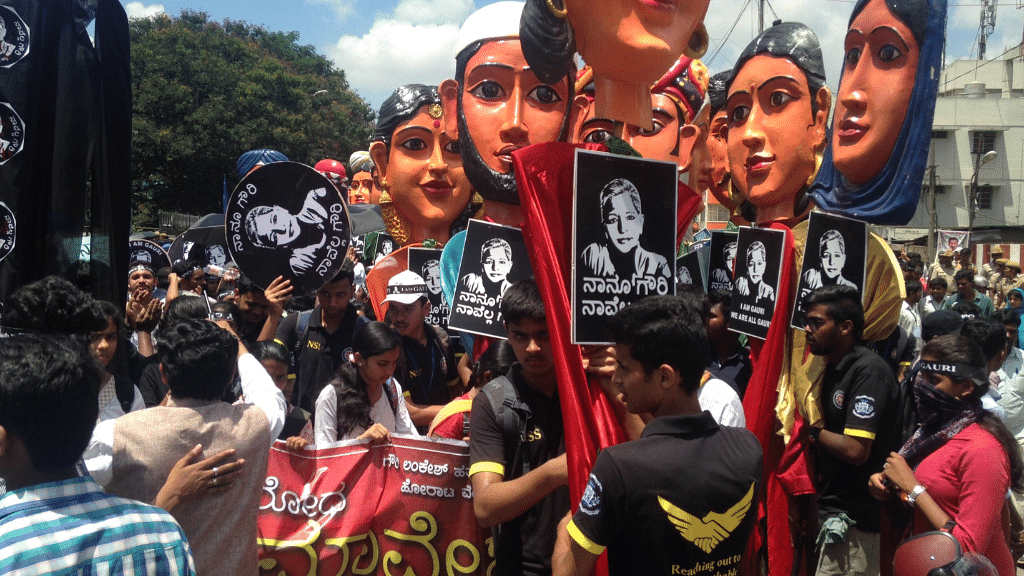  Procession to protest killing of <a href="https://twitter.com/Iamgauri_">#GauriLankesh</a> in Anand Rao Circle, Bengaluru.