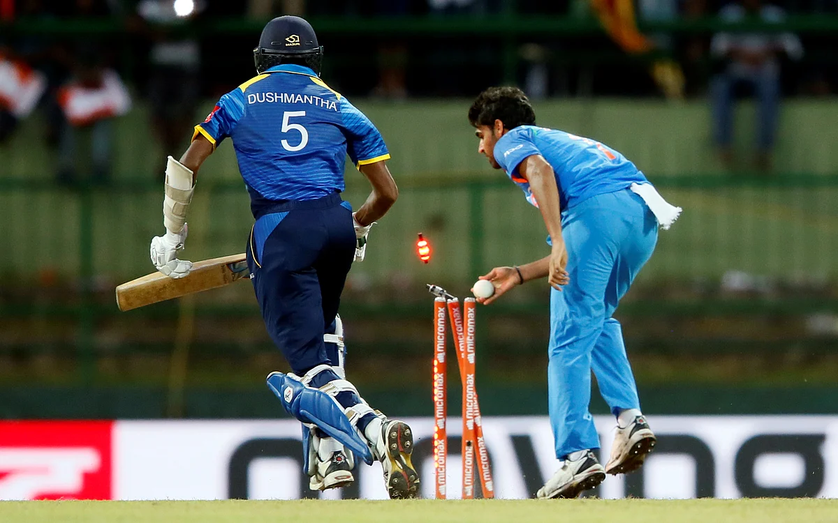 India’s Bhuvneshwar Kumar runs out Sri Lanka’s Dushmantha Chameera during an ODI.