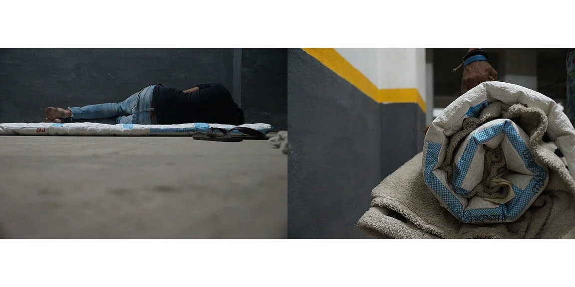 A migrant worker sleeping on one of these upcycled cement holdalls.