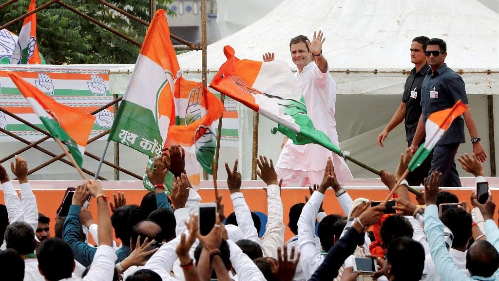 Congress vice-president Rahul Gandhi waves during a Samvad program with the supporters of the party in Ahmedabad&nbsp;