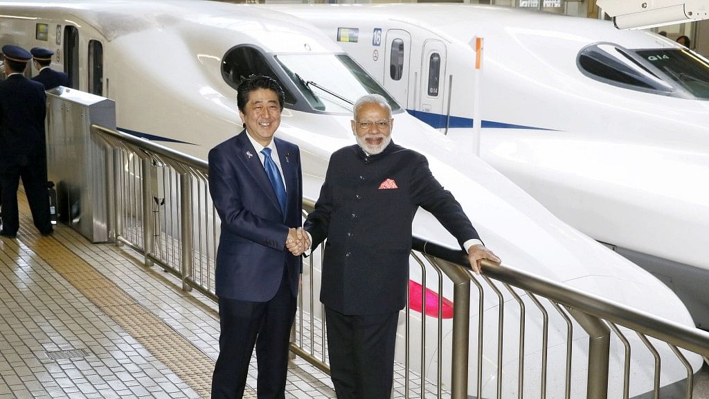 A 2016 photo of Prime Minister Narendra Modi and his Japanese counterpart Shinzo Abe posing in front of a Shinkansen bullet train in  Tokyo.