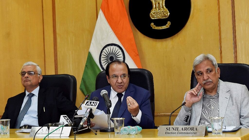 Election Commissioner AK Joti, flanked by Election Commissioners Sunil Arora and OP Rawat (L), announces the schedule for the Himachal Pradesh Assembly elections, at a press conference in New Delhi on Thursday.&nbsp;