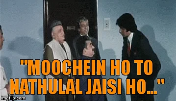 Amitabh Bachchan’s famous “Moochein ho to Nathulal jaisi ho, warna na ho” gave the poor, neglected mooch some much-needed celebrity. (GIF Courtesy: YouTube/<a href="https://www.youtube.com/watch?v=csTsuOy4JSc">Sachin Jaiswal</a>)