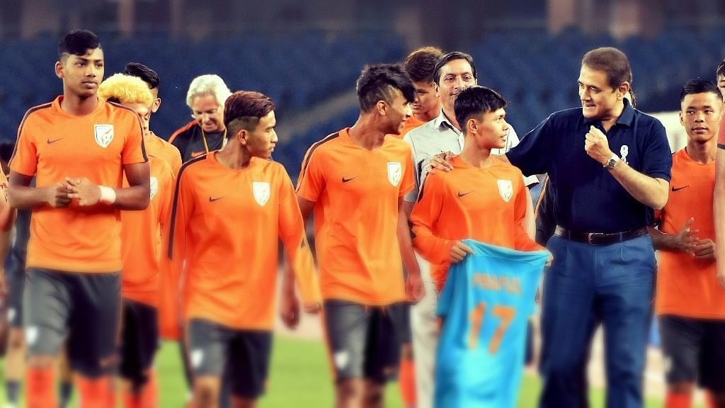 AIFF Presiden Praful Patel speaks to the members of the Indian Under-17 World Cup team.