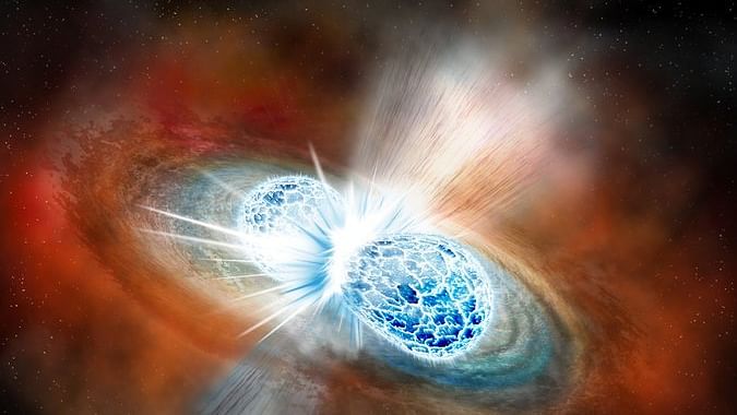 An artist's rendering of the collision of two neutron stars.&nbsp;