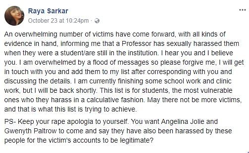 Social media is split over a woman’s Facebook post accusing over 50 professors of sexual harassment.