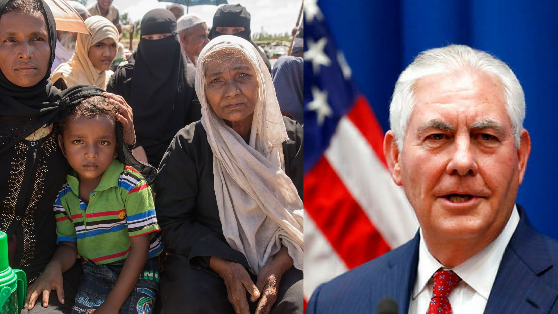 Rohingya Refugees in Shar Porir Dwip, Bangladesh (L) US Secretary of State (R)
