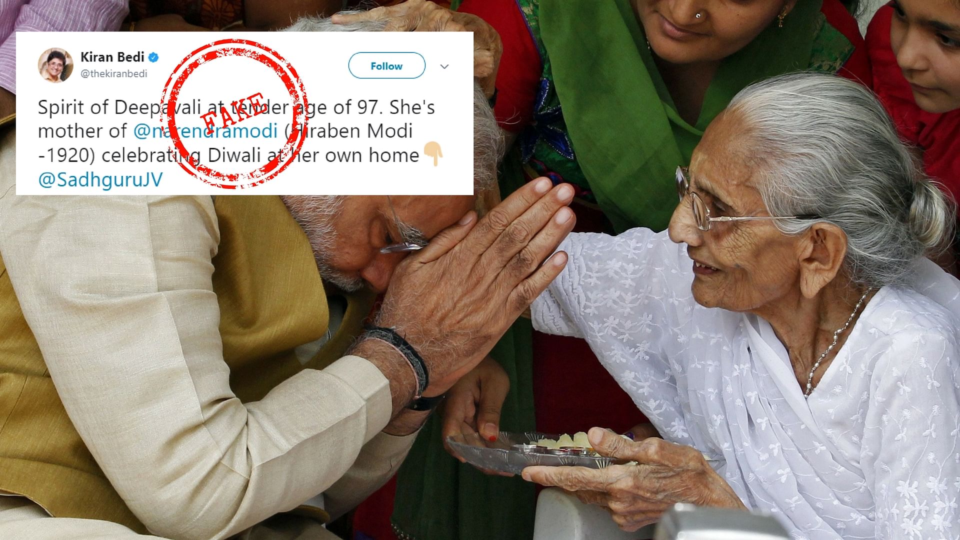 

Kiran Bedi’s video of PM Modi’s mother celebrating Diwali is fake. <i>(Photo: <b>The Quint</b>)</i>