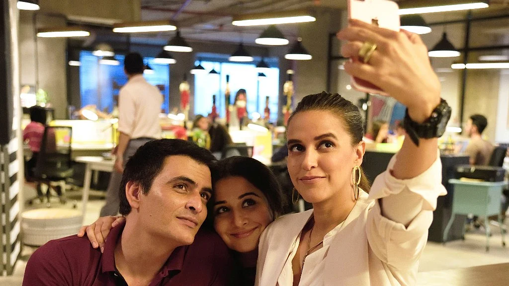 Manav Kaul, Vidya Balan, and Neha Dhupia on the sets of <i>Tumhari Sulu.</i>