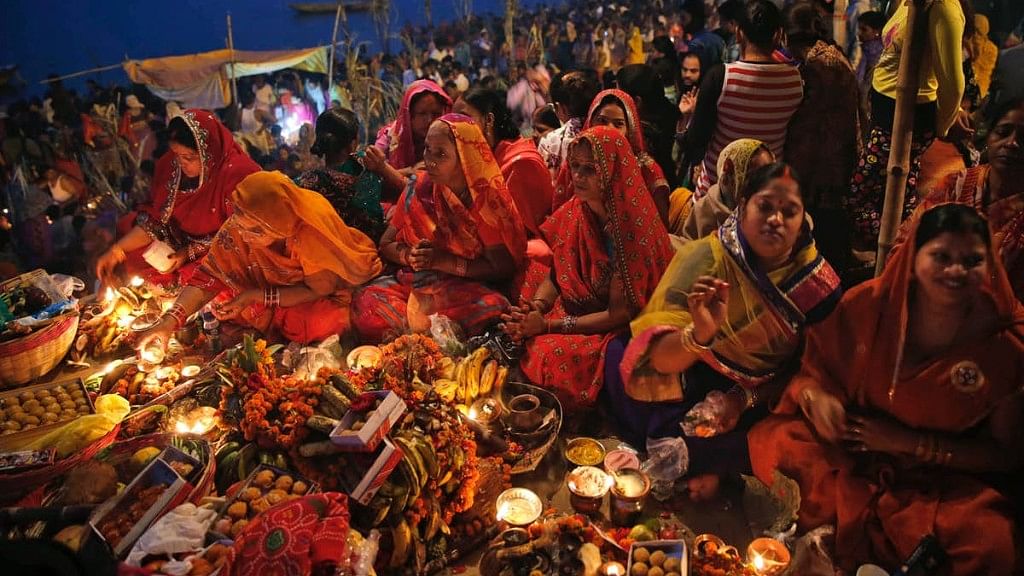  Hindu devotees perform religious rituals early morning to mark the Chhath Puja festival in Allahabad.&nbsp;