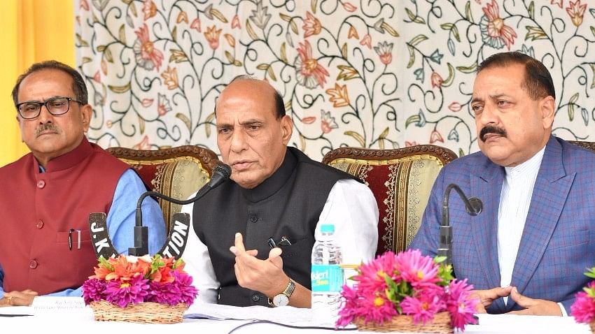 File image Union Home Minister Rajnath Singh (C) at a press conference in Jammu. 