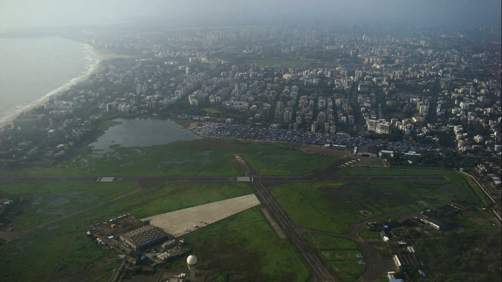 An ariel view of the Juhu Aerodrome in Mumbai next to Juhu Beach/Arabian Sea. 