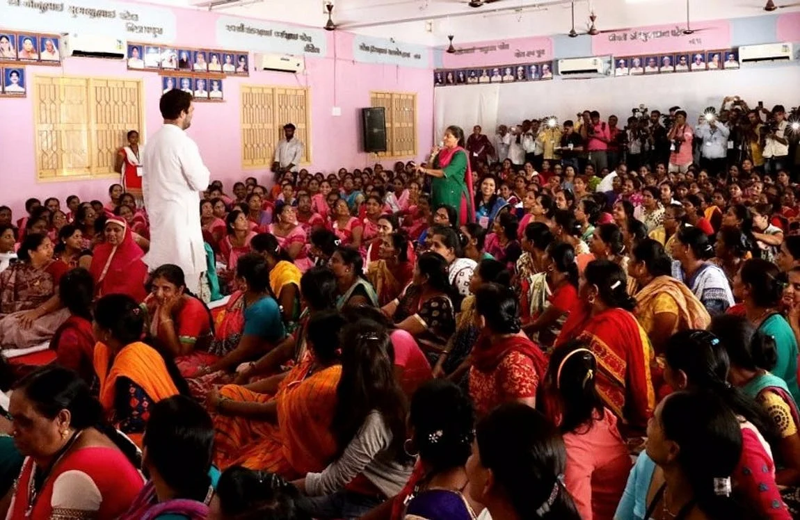 Rahul Gandhi interacts will women workers in Gujarat.