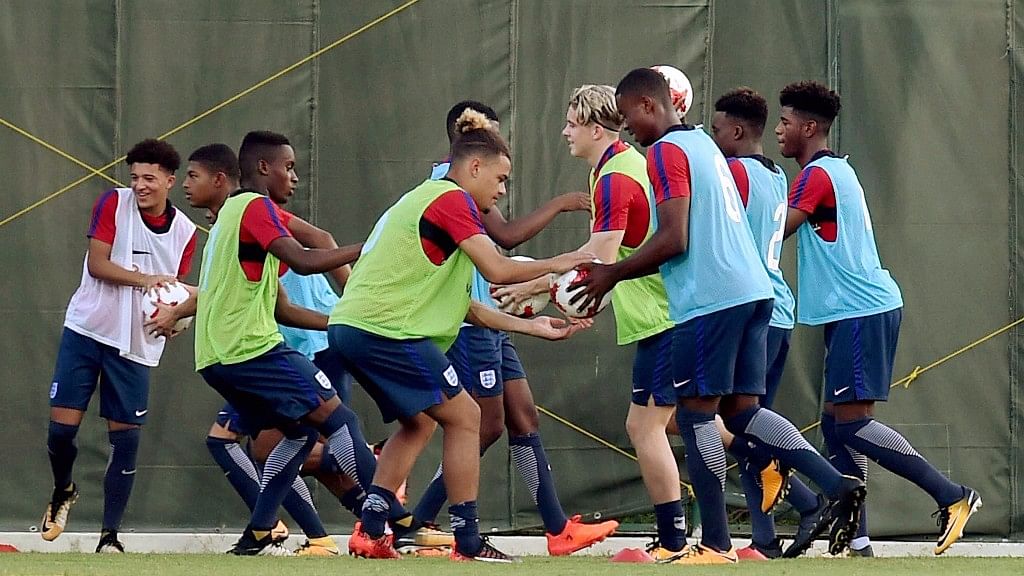 England football team practicing for the FIFA U-17 World Cup at SAI (Sports Authority of India) Complex in Kolkata on Wednesday.