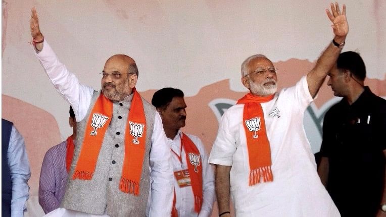 Prime Minister Narendra Modi and BJP President Amit Shah  during “Gujarat Gaurav Mahasammelan” in Ahmedabad. 