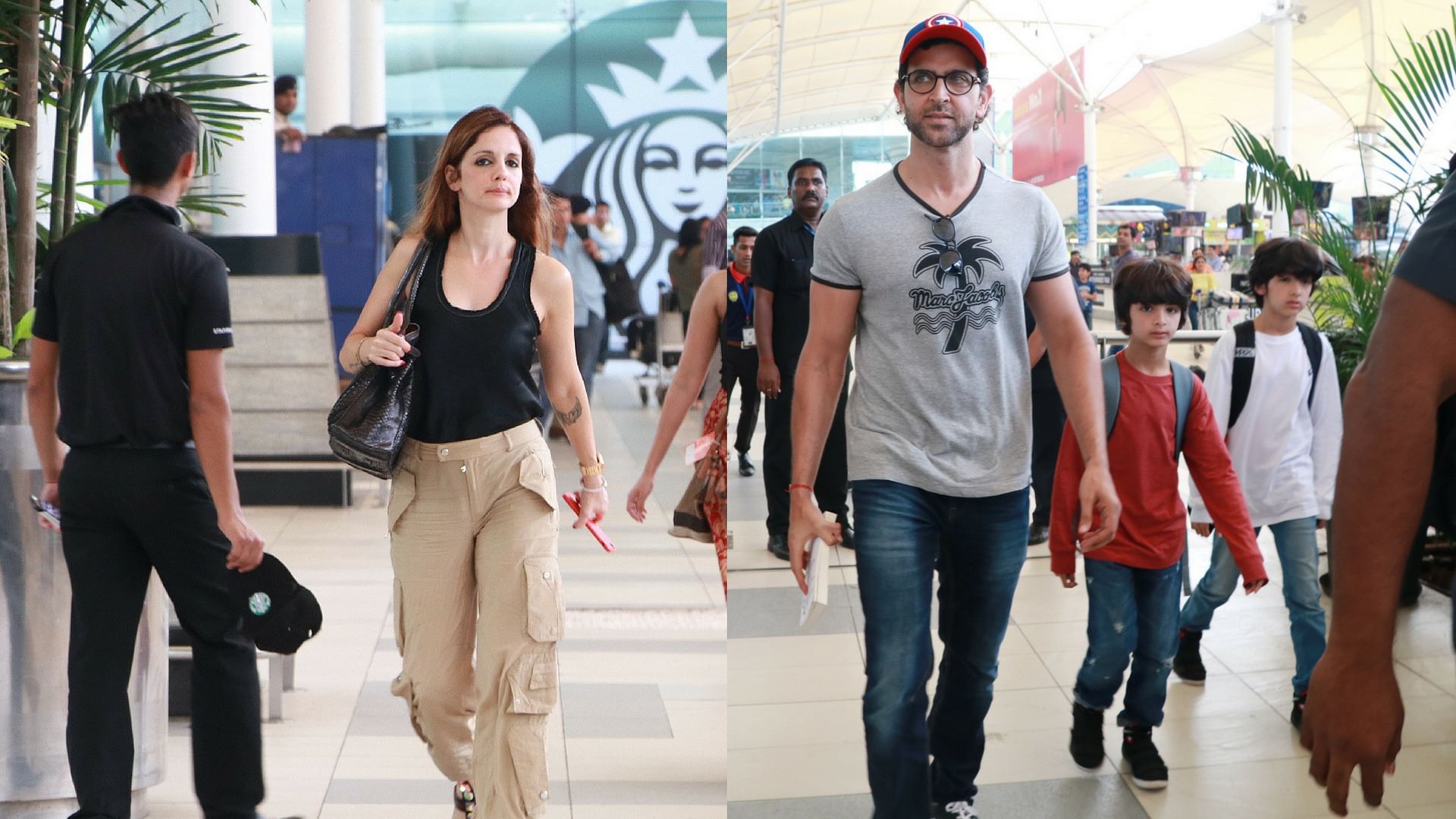 Sussanne Khan and Hrithik Roshan with their kids Hridhaan and Hrehaan at the Mumbai airport.