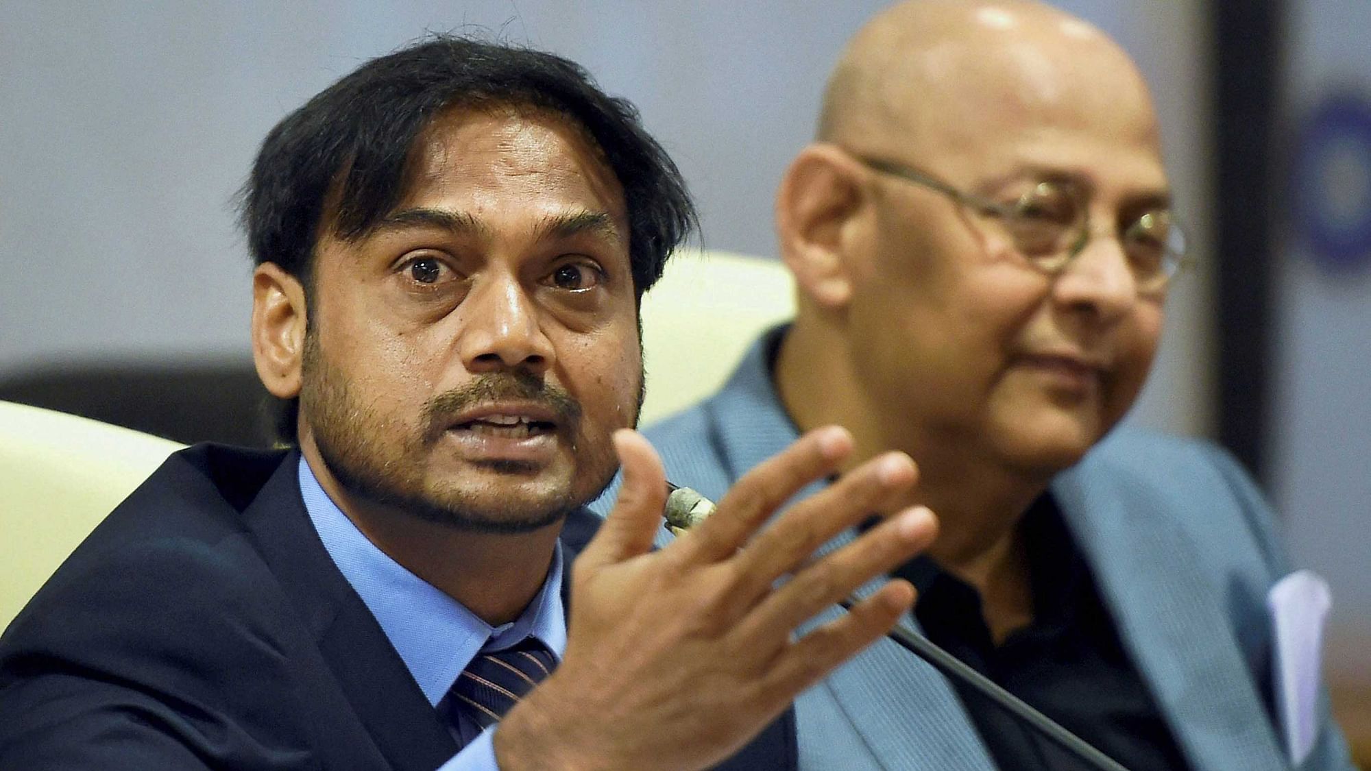 BCCI Selection Committee Chairman, MSK Prasad with BCCI acting Secretary, Amitabh Chaudhary at a press conference in Mumbai on Monday.&nbsp;
