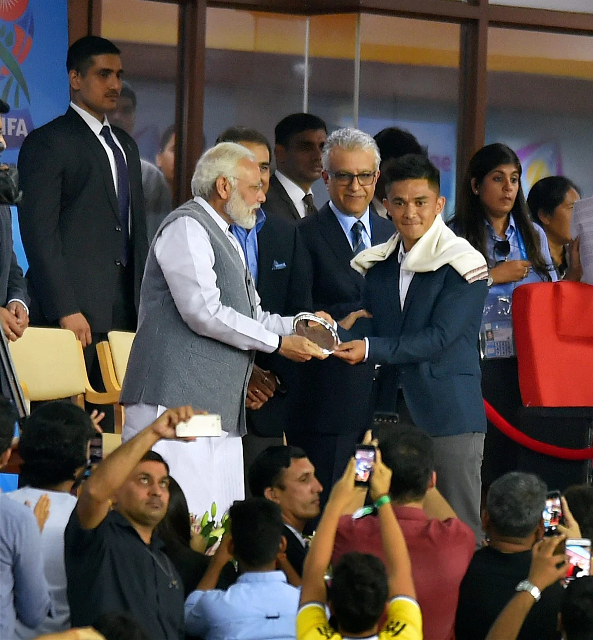 Prime Minister honoured Sunil Chhetri among other Indian football legends at the JLN stadium on Friday.