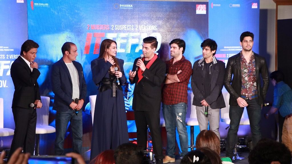 The cast and crew of <i>Ittefaq </i>with Shah Rukh Khan and Karan Johar.