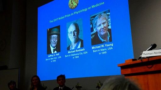 Nobel Prize in Medicine are displayed, from left, Jeffrey C Hall, Michael Rosbash and Michael W Young, during a press conference in Stockholm