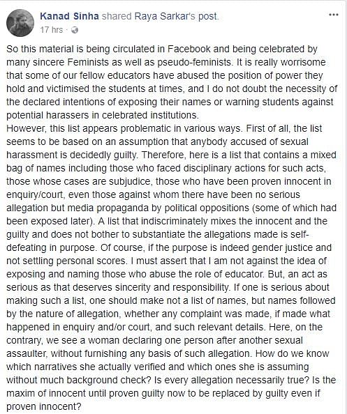 Social media is split over a woman’s Facebook post accusing over 50 professors of sexual harassment.