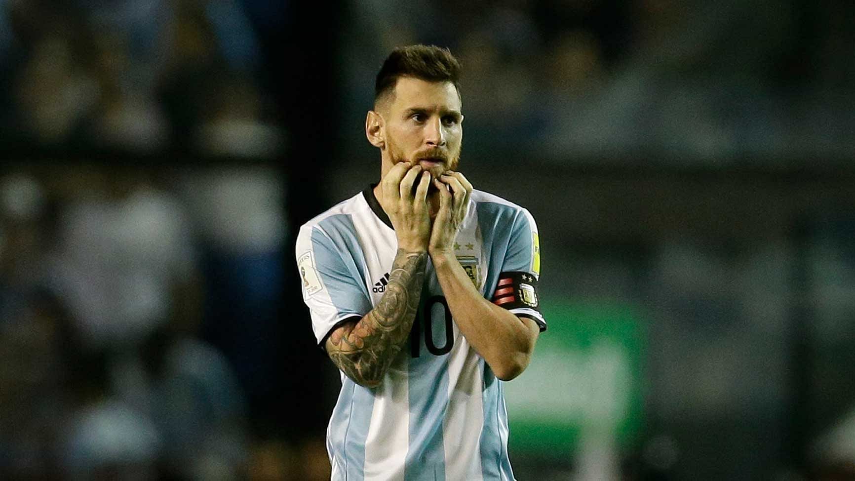 Argentina’s Lionel Messi reacts during a World Cup qualifying soccer match against Peru at La Bombonera stadium in Buenos Aires, Argentina, Thursday, Oct. 5, 2017.&nbsp;