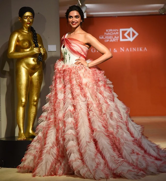 Deepika in the one shoulder gown designed by Gauri & Nainika.
