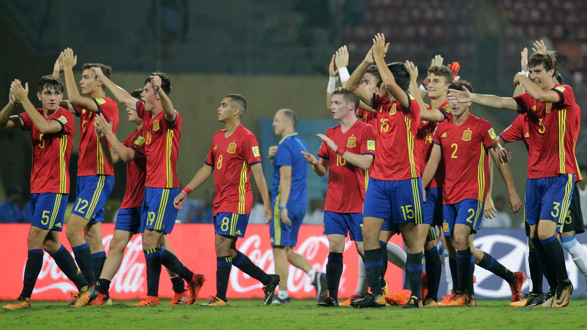 The Spanish team celebrates after beating Mali in the FIFA U-17 World Cup semi-final at the DY Patil Stadium in Mumbai on Wednesday.