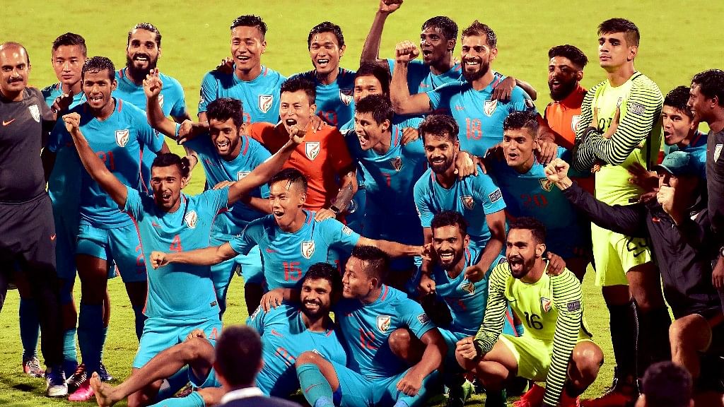 Bengaluru: Indian team celebrate winning 2019 AFC Asian Cup qualifier match against Macau at Kanteerava Stadium in Bengaluru, on Oct 11, 2017.