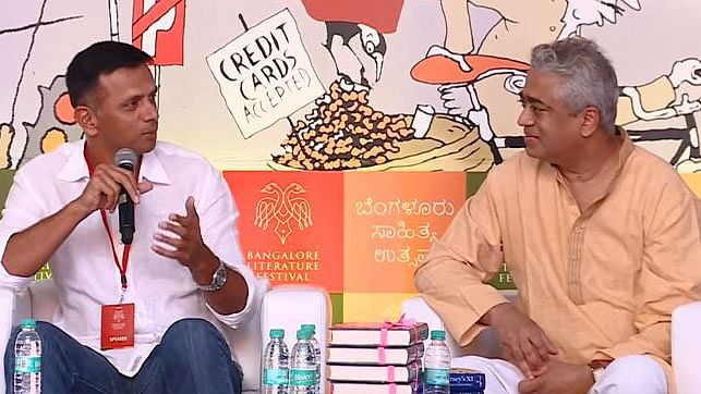 Rahul Dravid (L) speaks to Rajdeep Sardesai (R) at the Bangalore Literature Festival.