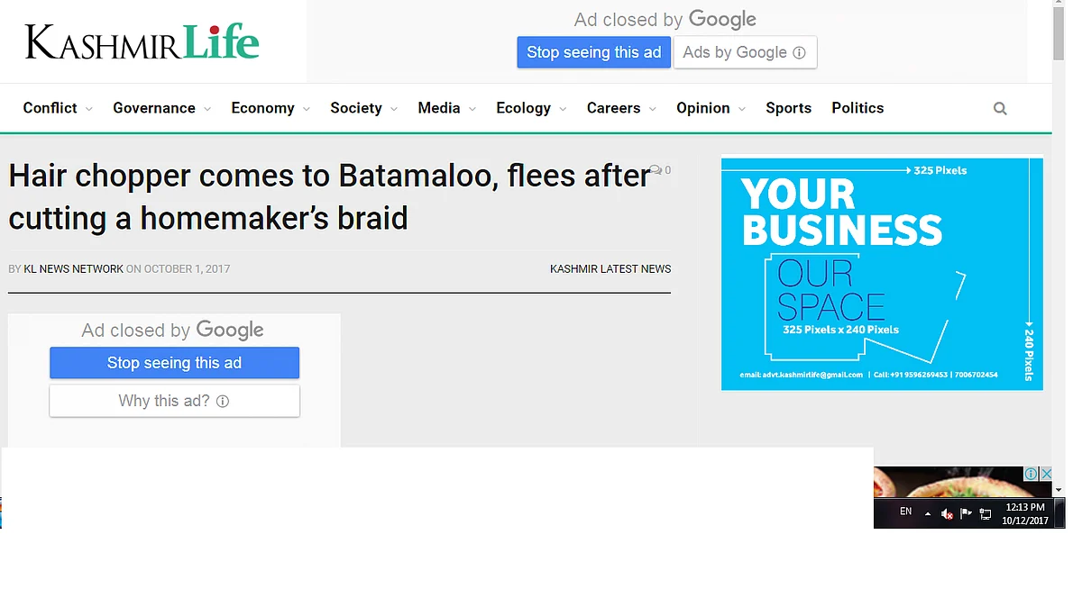 Screenshot from Kashmir-based news website highlighting recent incident of braid chopping.